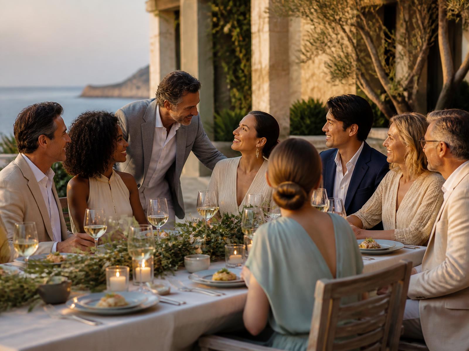 A mix of friends of different ages sharing dinner on a Gulf-front terrace