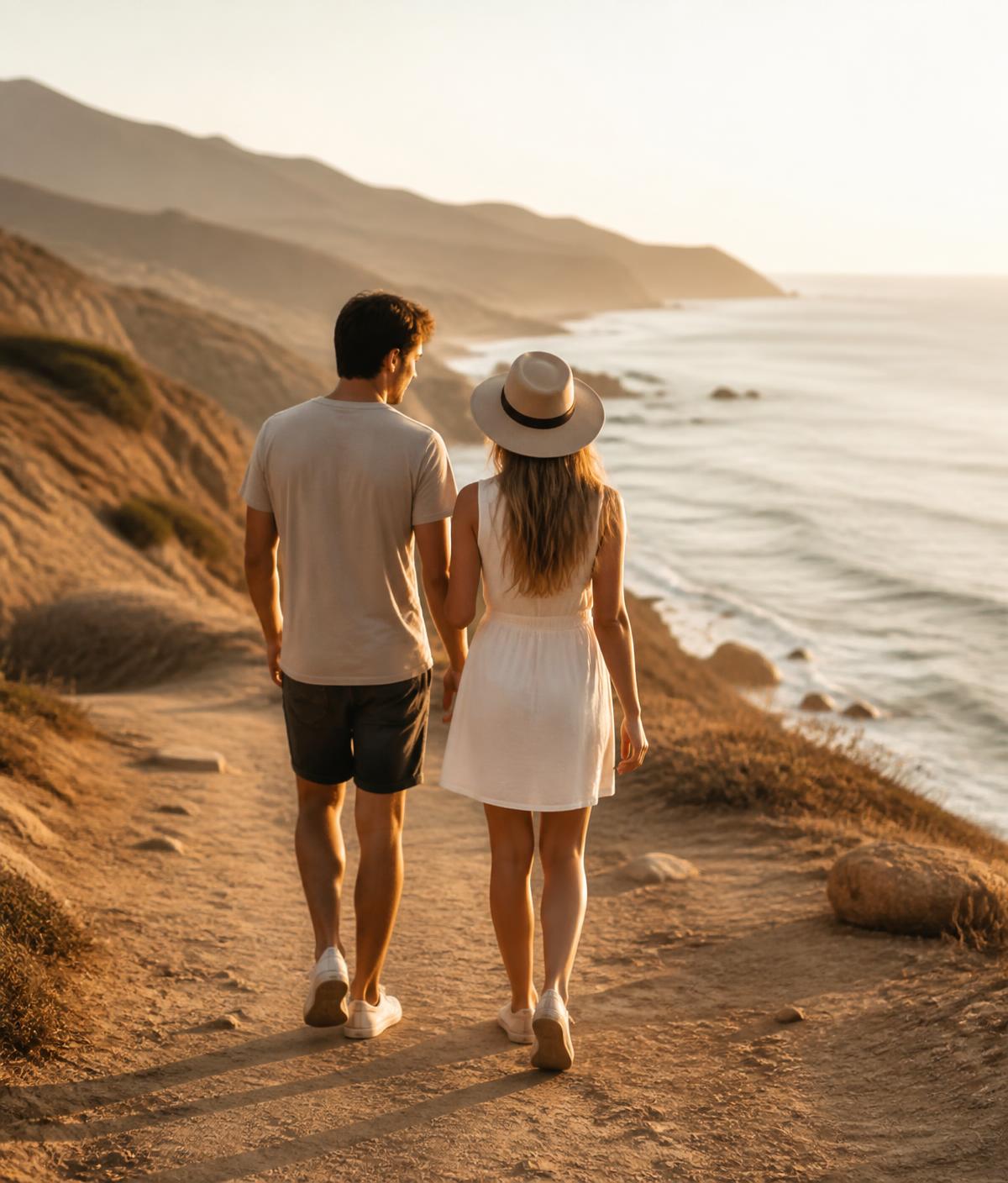 A young man and woman walking together along a coastal path in morning light