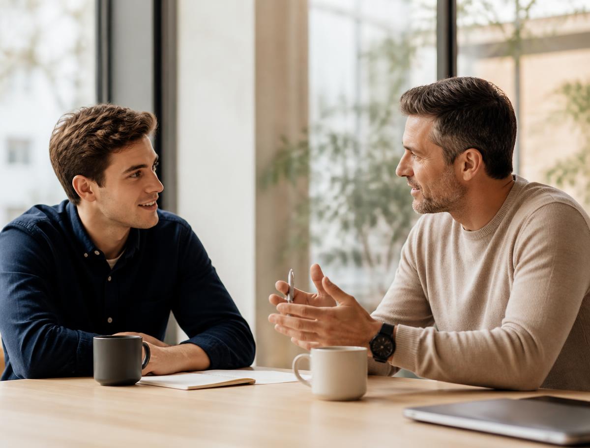 A young man and a slightly older man talking together over coffee in a bright modern office